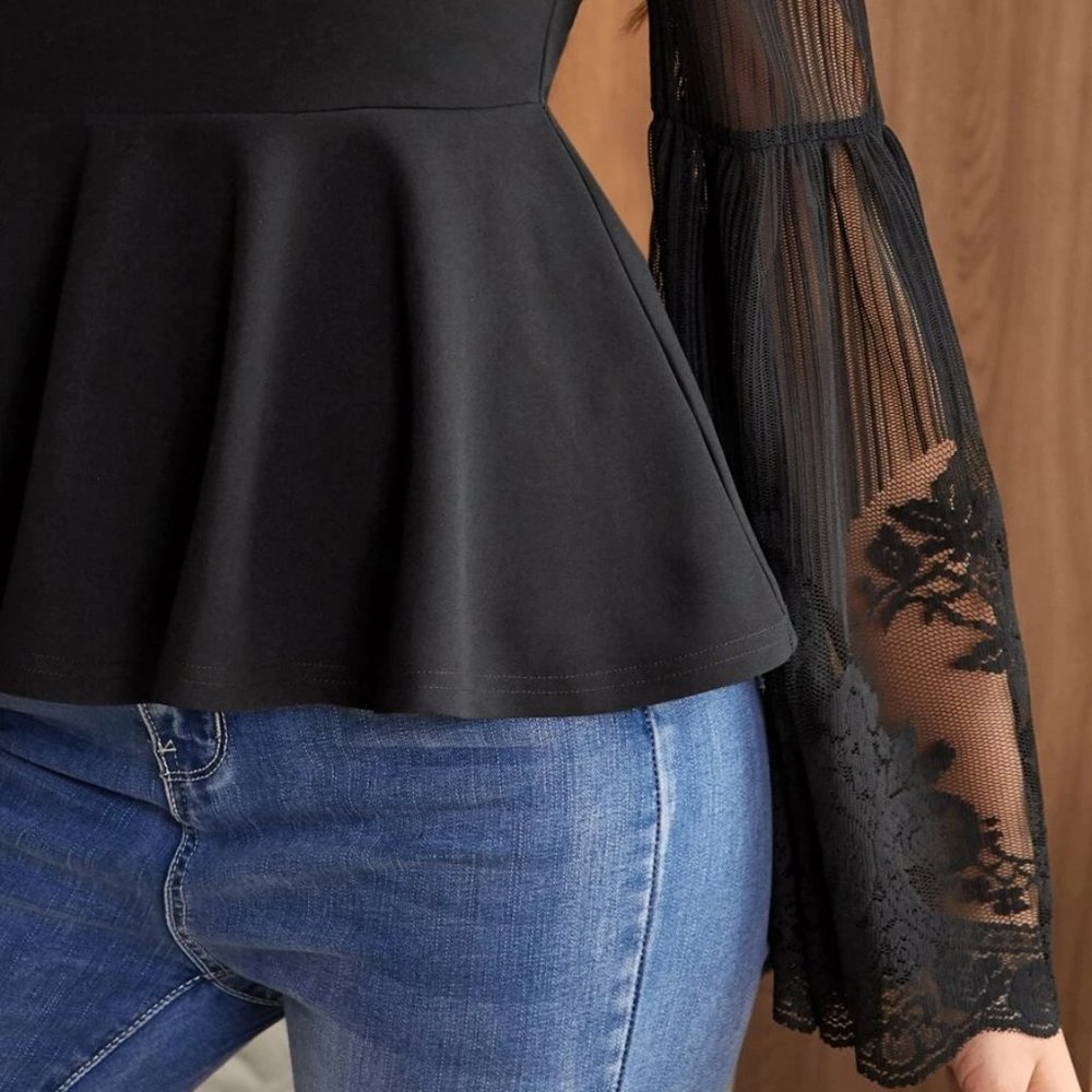 Ruffle Hem Top with Lace Detail Bell Sleeve black - Picture 5 of 5